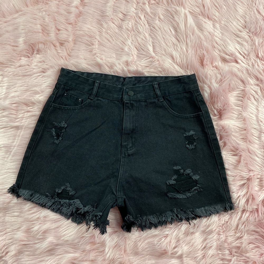 Black distressed denim shorts